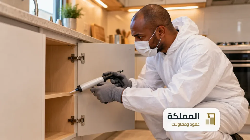 تنفيذ مكافحة الحشرات داخل مطبخ منزل بعد طلب عقد مكافحة الحشرات