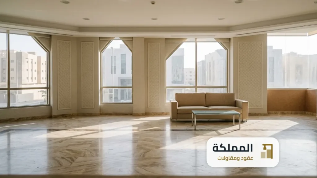 ردهة استقبال نظيفة وارضية لامعة في مبنى تجاري بعد تنفيذ عقد النظافة