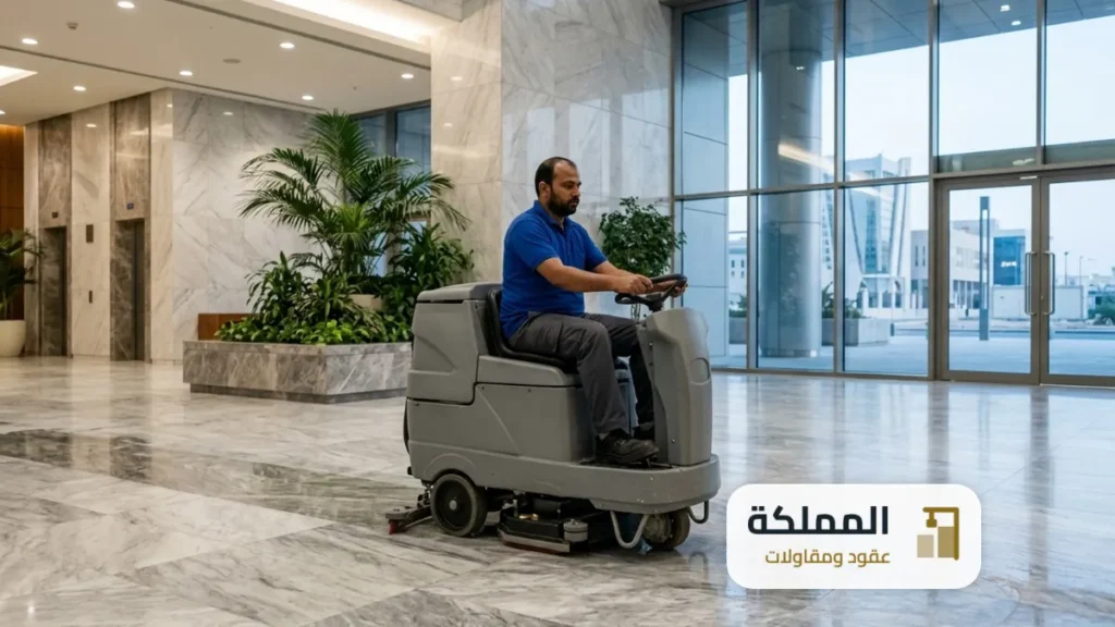 عقد نظافة بالدمام: عامل يقود ماكينة تنظيف ارضيات في بهو برج مكاتب