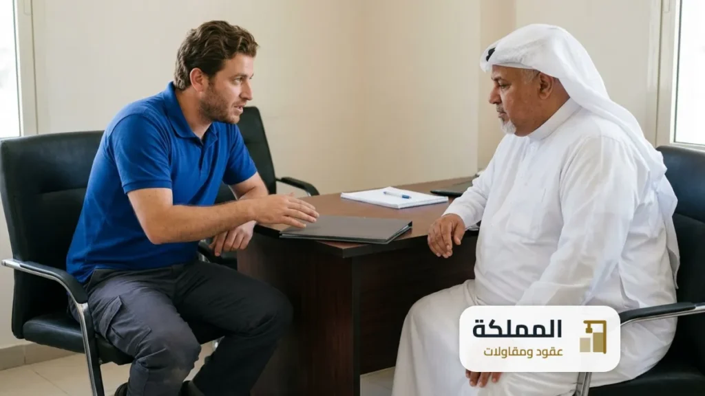 مندوب الشركة يوضح شروط العقد لصاحب نشاط تجاري على المكتب