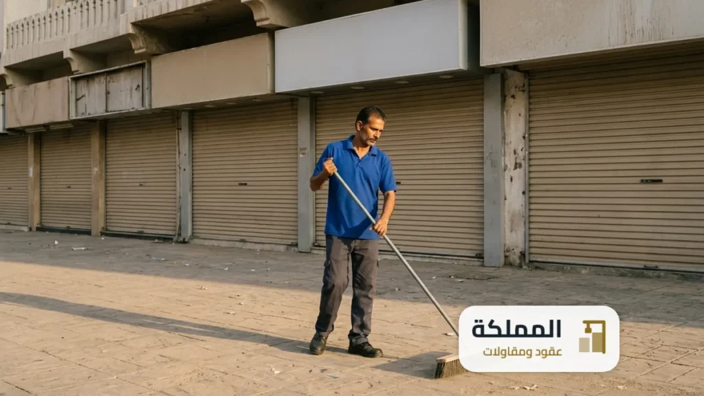 عقد نظافة لتجديد رخصة البلدية: عامل يكنس ممرا امام محلات في جدة