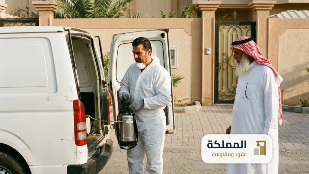 فني يعيد معدات الرش الى السيارة بعد انتهاء المكافحة امام فيلا في الظهران