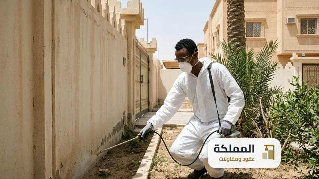 عقود مكافحة حشرات الظهران: فني يرش سور حديقة فيلا في الظهران