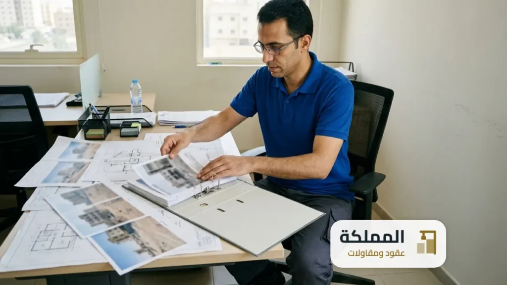 مهندس يرتب صور الموقع والمخططات في ملف توثيق التقرير