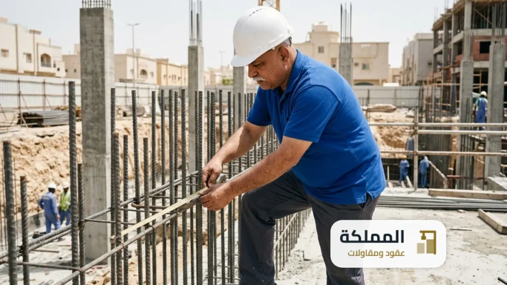 مهندس يتحقق من مطابقة حديد التسليح للمعايير في موقع بناء