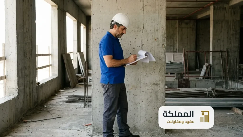 تقرير فني: مهندس يدون ملاحظاته بجانب عمود في مبنى تحت الانشاء