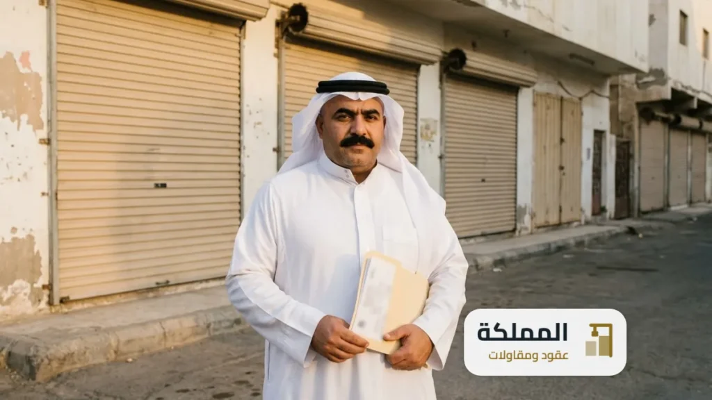 صاحب محل يقف امام صف محلات وهو يحمل ملف شهادة السلامة