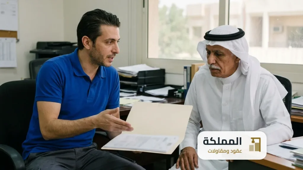 مندوب الشركة يشرح خطوات شهادة السلامة لصاحب مستودع داخل مكتب