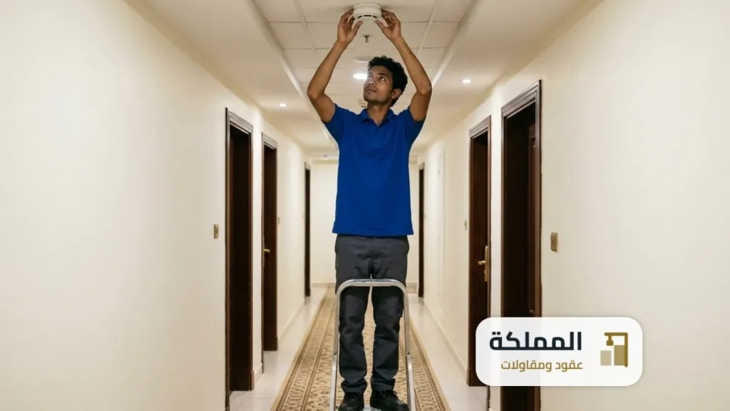 فني يركب كاشف دخان في سقف ممر فندق لاستخراج شهادة السلامة
