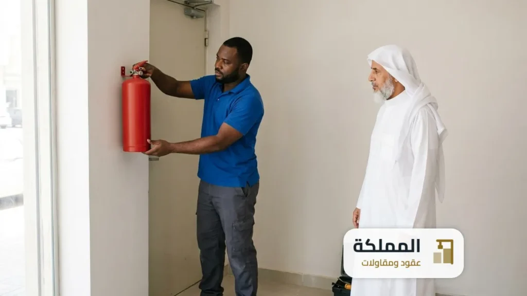 شهادة سلامة: فني يركب طفاية حريق بجوار الباب الخلفي لمحل تجاري