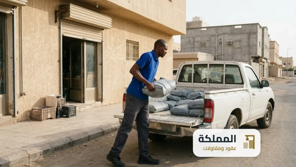 عامل يحمل اكياس نفايات مغلقة في سيارة نقل امام محل بالقريات