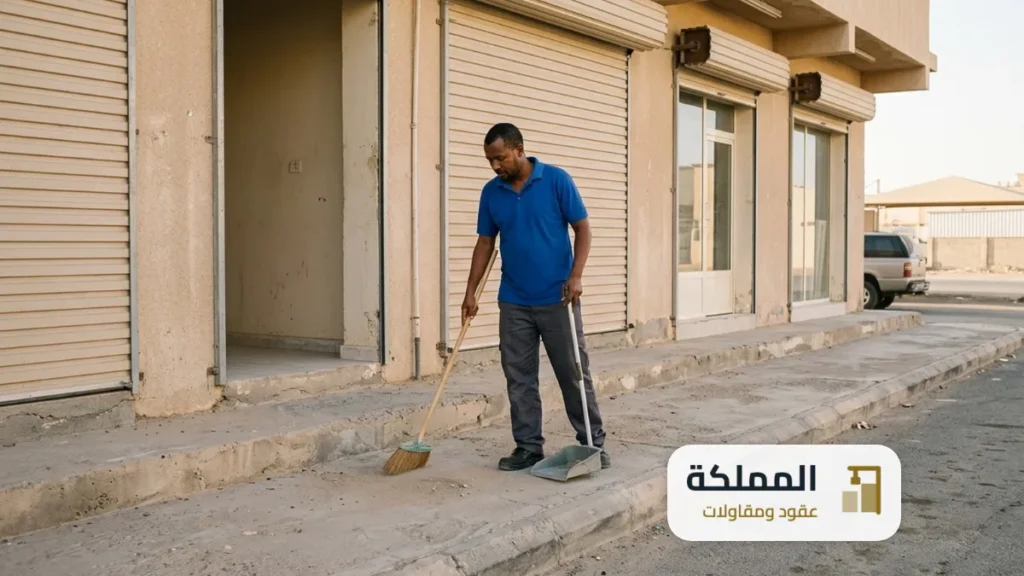 عقد نظافة بالقريات: عامل يكنس رصيفا امام صف محلات
