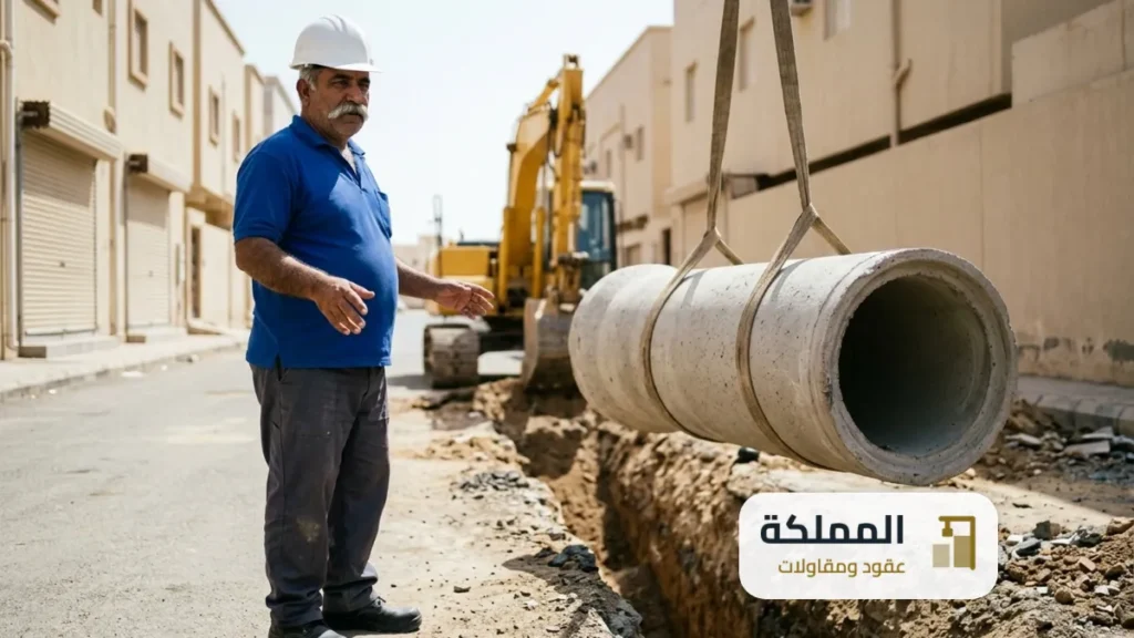 مشرف يتابع انزال انبوب صرف صحي في حفرة خلال مشروع بجازان