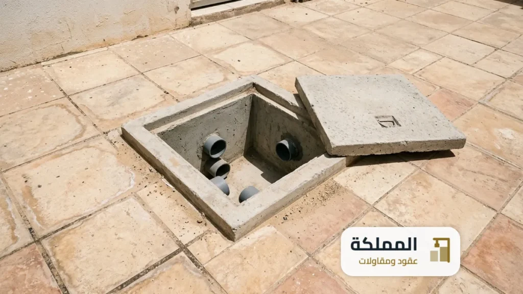 غرفة تفتيش صرف صحي مفتوحة ونظيفة في فناء فيلا بعد الصيانة