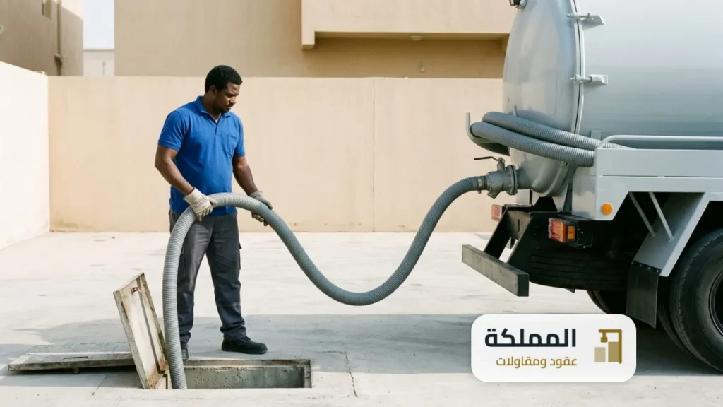 عقد صرف صحي بجازان: شاحنة شفط تفرغ بيارة خلف مبنى تجاري