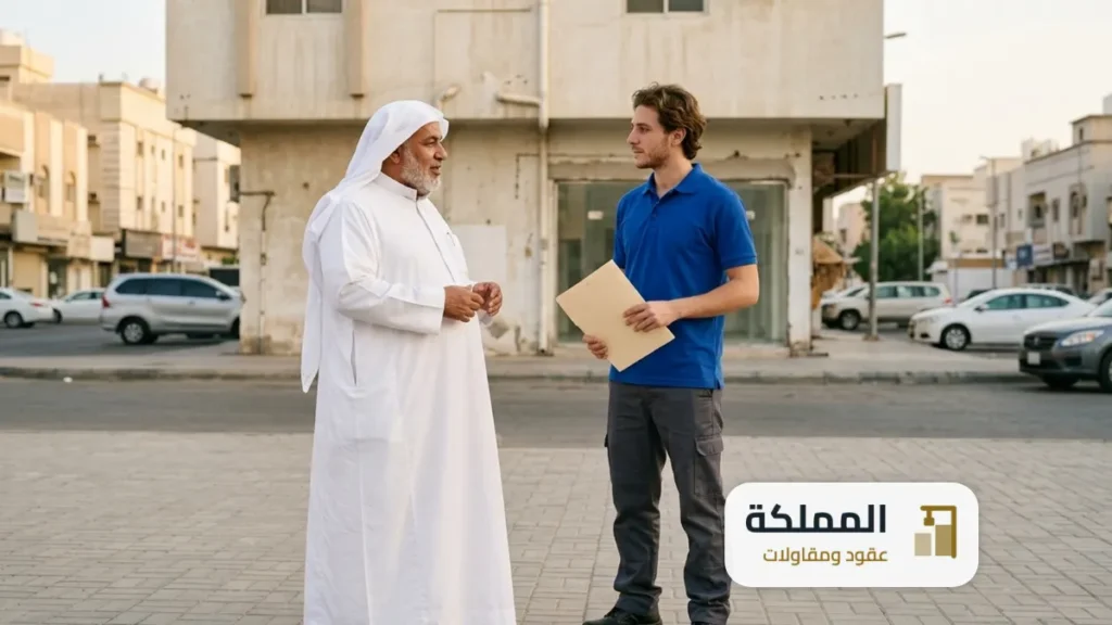 مالك مبنى تجاري يتحدث مع مندوب الشركة عن عقد الصرف الصحي في جدة