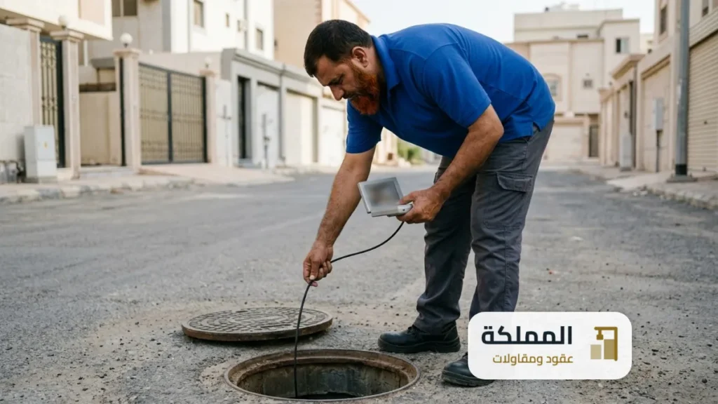 فني ينزل كاميرا فحص داخل غرفة تفتيش الصرف الصحي في شارع هادئ
