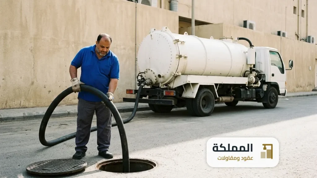 عقد صرف صحي بجدة: صهريج شفط بجانب غرفة تفتيش خلف مبنى تجاري