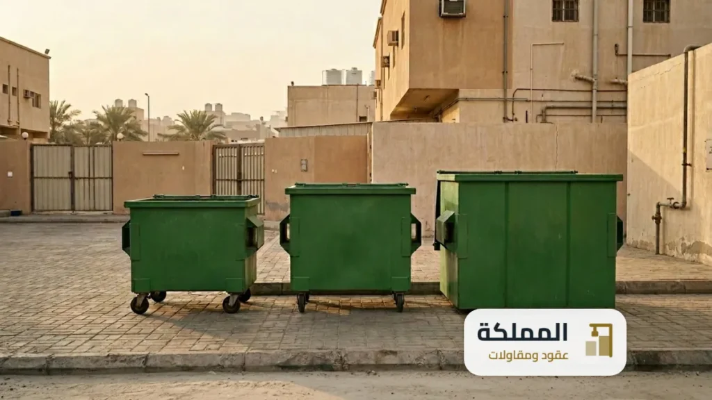 ثلاث حاويات نفايات خضراء بثلاثة احجام في ساحة مجمع تجاري