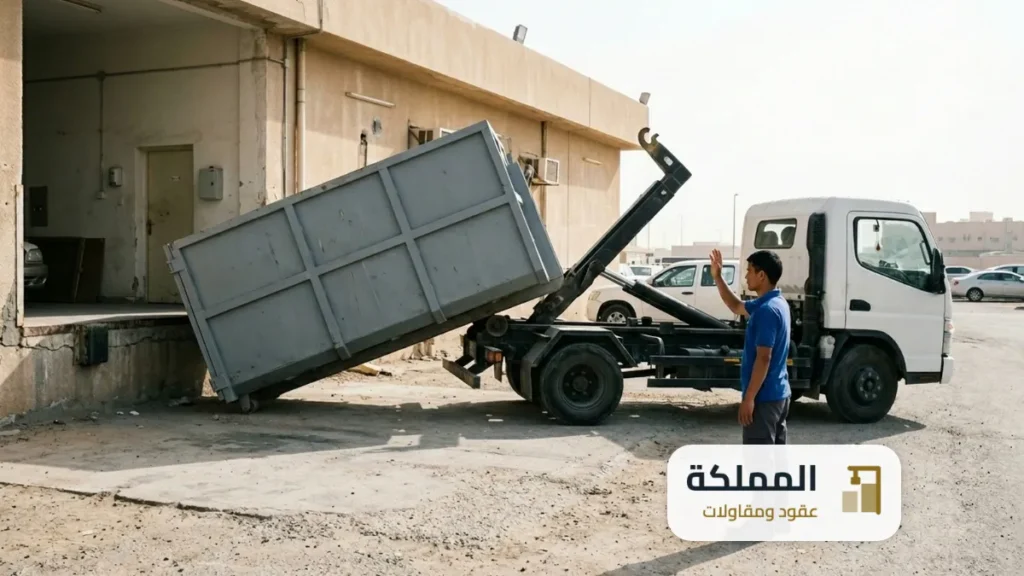 عقد حاويات: شاحنة تنزل حاوية نفايات حديد بجانب رصيف تحميل سوبرماركت في الرياض