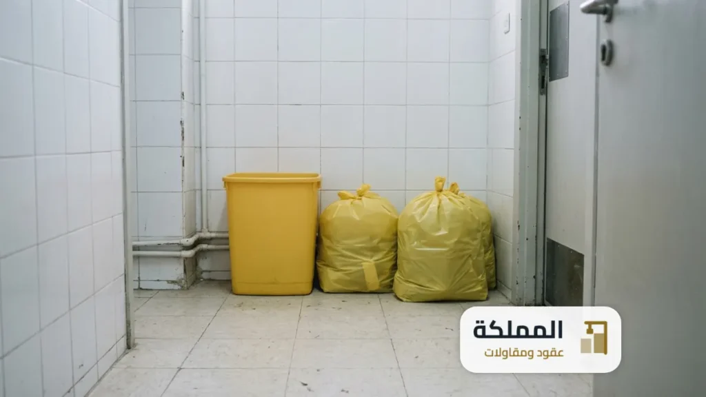 حاوية الادوات الحادة واكياس صفراء مغلقة في غرفة نفايات عيادة