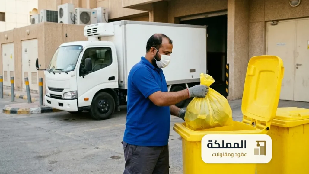 عقد نفايات طبية: عامل يضع اكياس النفايات الطبية الصفراء في حاوية مغلقة عند مدخل عيادة