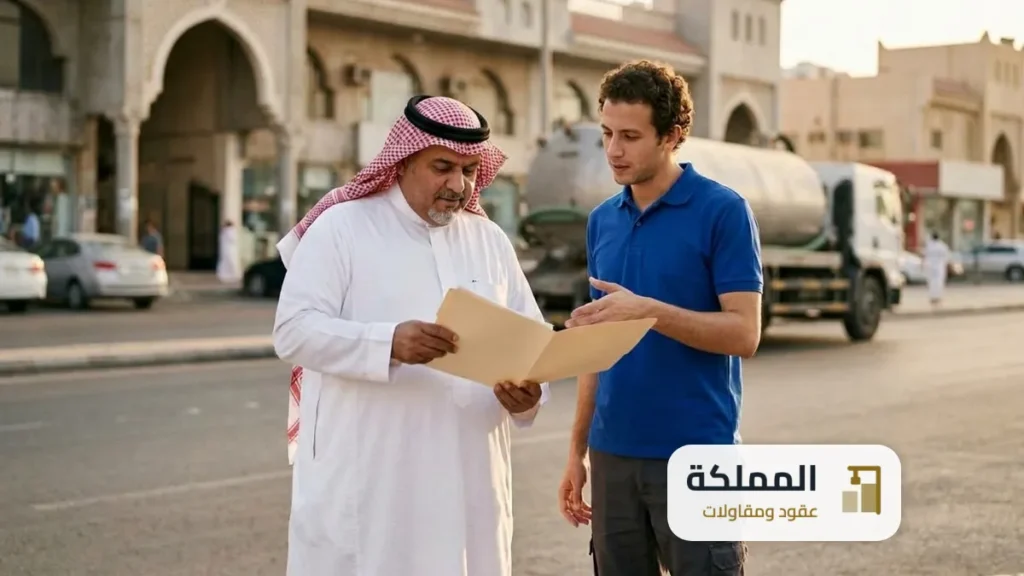 مالك مبنى يراجع ملف عقد الصرف الصحي مع مندوب الشركة