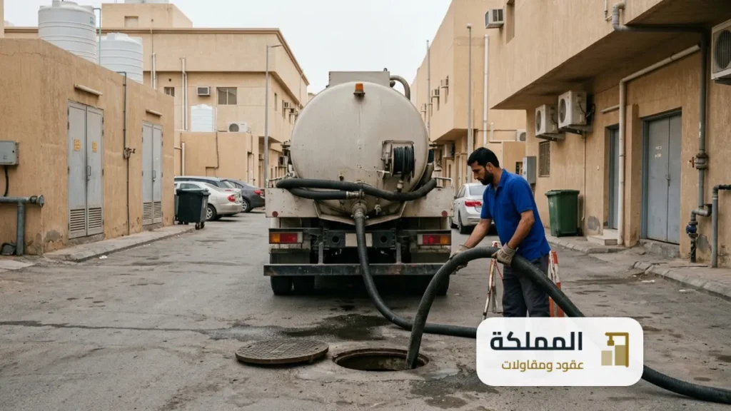 عقد صرف صحي: عامل يوجه خرطوم الشفط داخل غرفة تفتيش خلف مبنى تجاري في الرياض