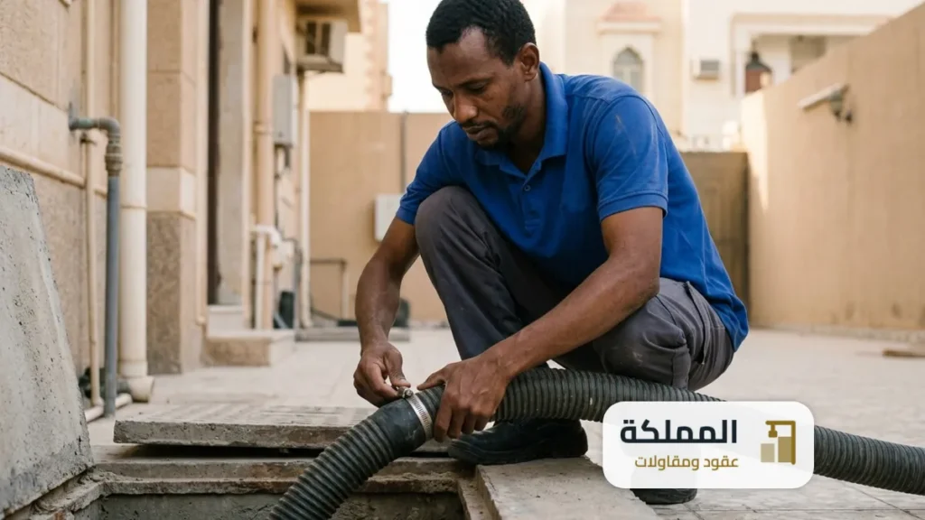 عامل يثبت وصلة خرطوم الشفط على فتحة البيارة