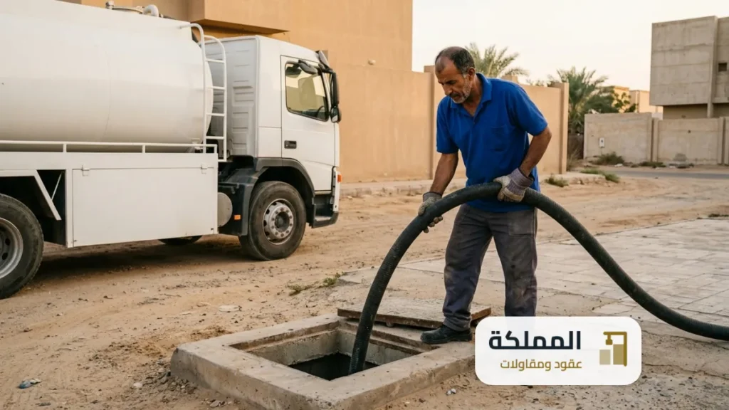 عقد شفط بيارات: صهريج يشفط بيارة من فتحة خرسانية خلف مطعم في بريدة