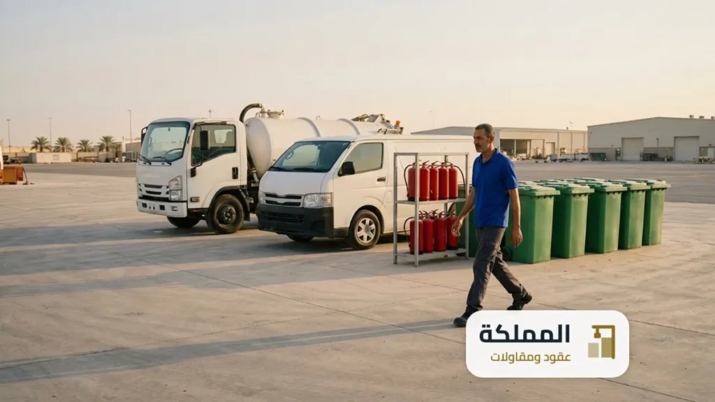 معدات الخدمة مصطفة في المستودع: صهريج شفط وطفايات حريق وحاويات نفايات خضراء