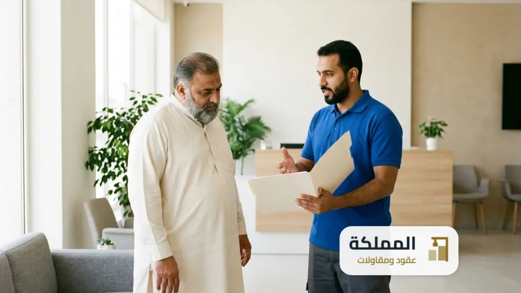 اسعار عقود المملكة: ممثل الشركة يشرح ملف الخدمات لصاحب مطعم في صالة استقبال مكتب