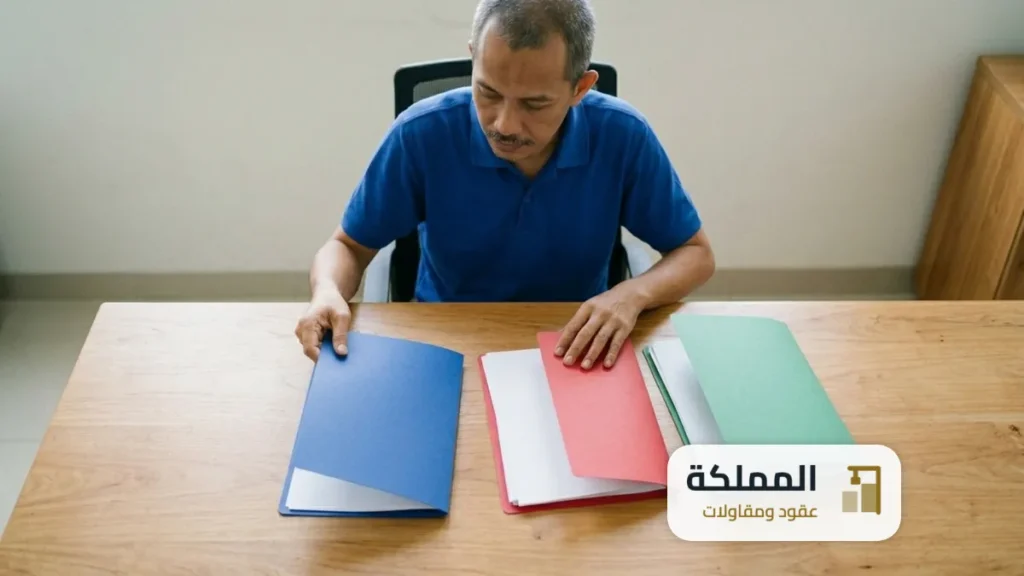 ممثل يرتب ثلاثة ملفات ملونة في اكوام منفصلة على مكتب خشبي
