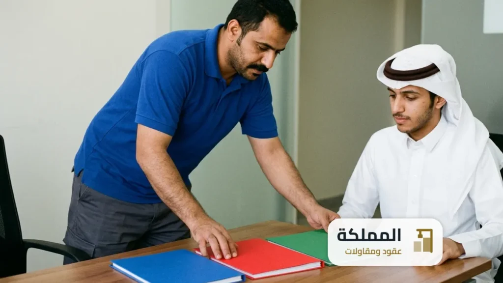 الفرق بين رخصة بلدي والدفاع المدني: ممثل شركة يعرض ثلاثة ملفات ملونة على صاحب مشروع