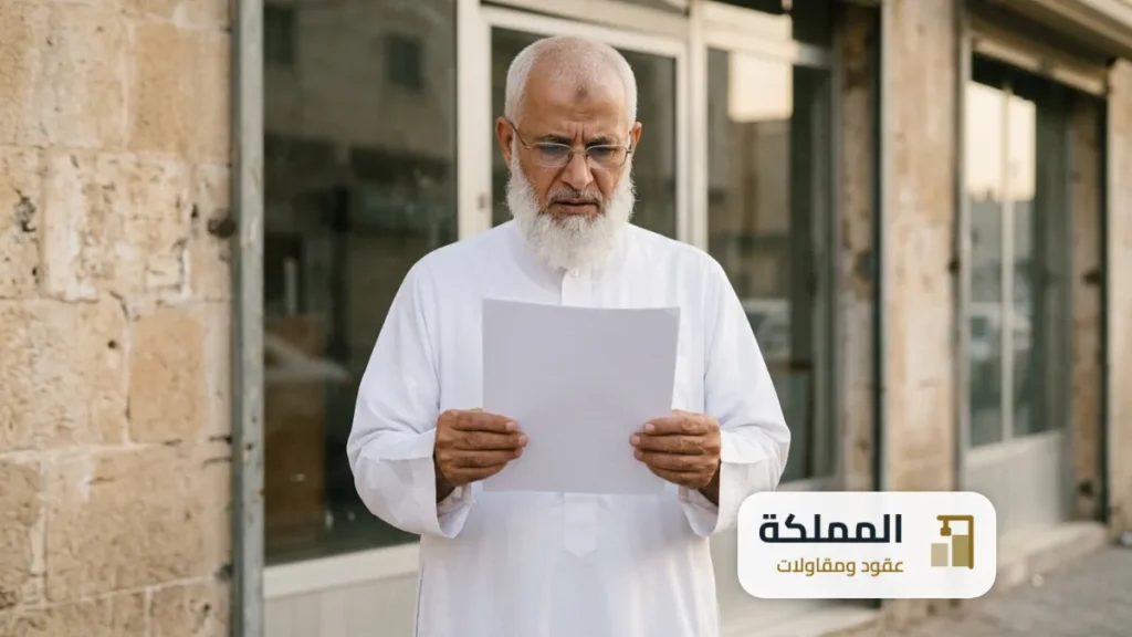 صاحب محل كبير في السن يقرا رسالة امام محله بنظرة قلق
