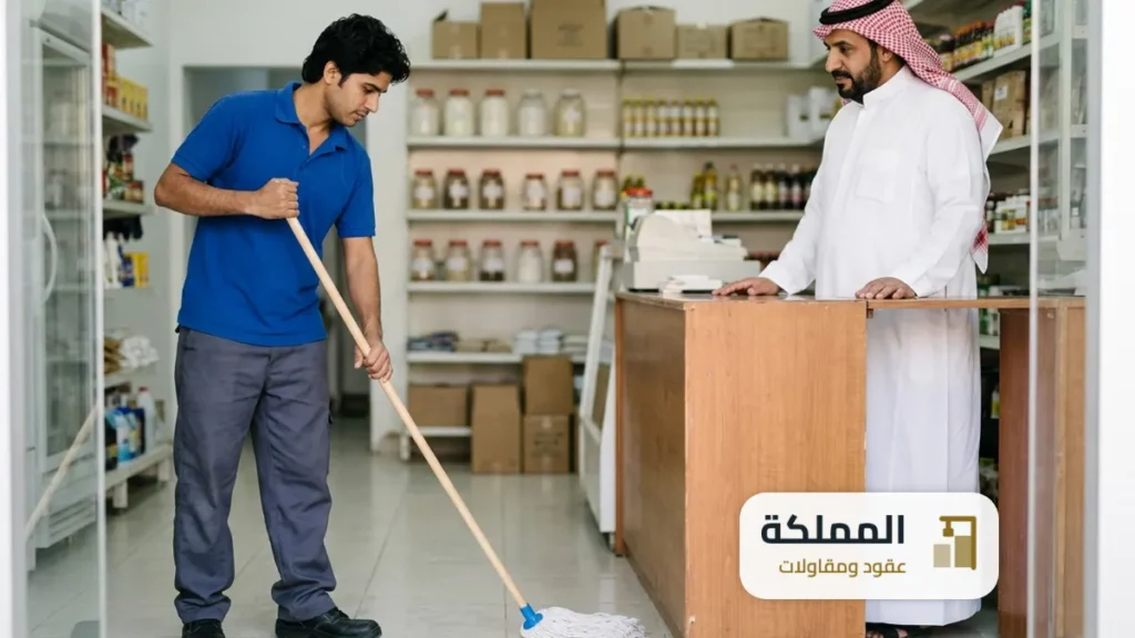 غرامة عدم وجود عقد نظافة: عامل ينظف ارضية محل بقالة وصاحب المحل واقف عند الطاولة