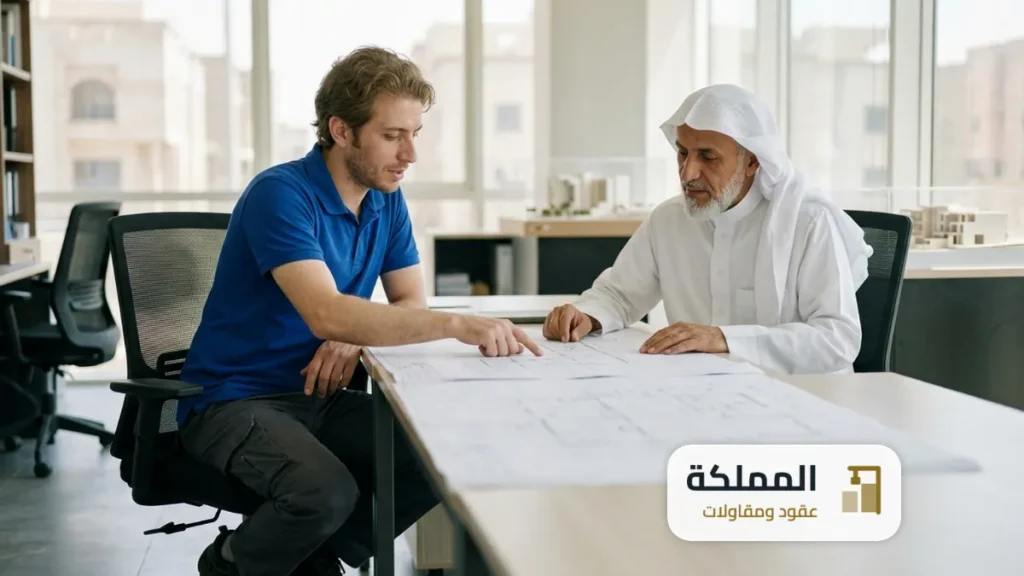 مهندس يراجع المخططات الانشائية مع عميل داخل مكتب هندسي في الرياض