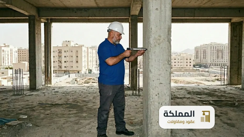 مكتب هندسي معتمد: مهندس انشائي يفحص عمود خرساني بمطرقة الارتداد في مبنى تحت الانشاء