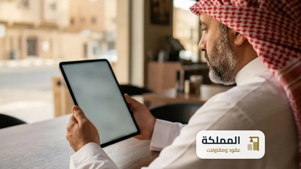 صاحب محل يتابع طلب رخصته على منصة بلدي من جهاز لوحي