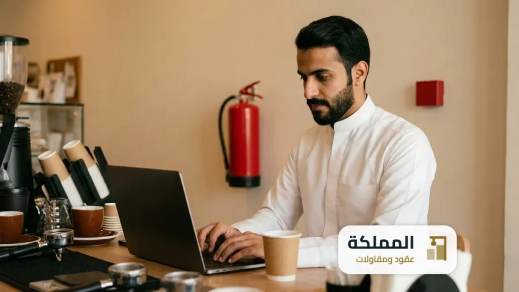 منصة سلامة: صاحب مقهى يقدم طلبه من اللابتوب وطفاية الحريق خلفه على الحائط