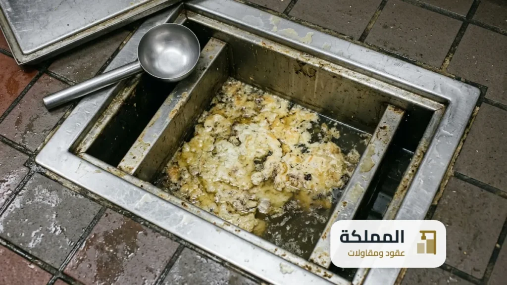 مصيدة شحوم مفتوحة تظهر طبقة دهون متجمدة فوق الماء ومغرفة معدنية على الحافة