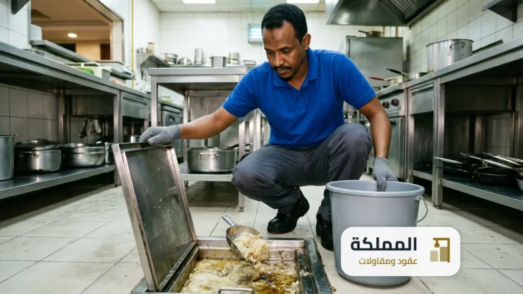 مصائد الشحوم للمطاعم: عامل يرفع غطاء مصيدة ويغرف طبقة الدهون في مطبخ مطعم