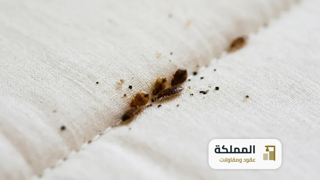 حشرات بق الفراش متجمعة على درزة مرتبة مع نقاط سوداء صغيرة بجانبها