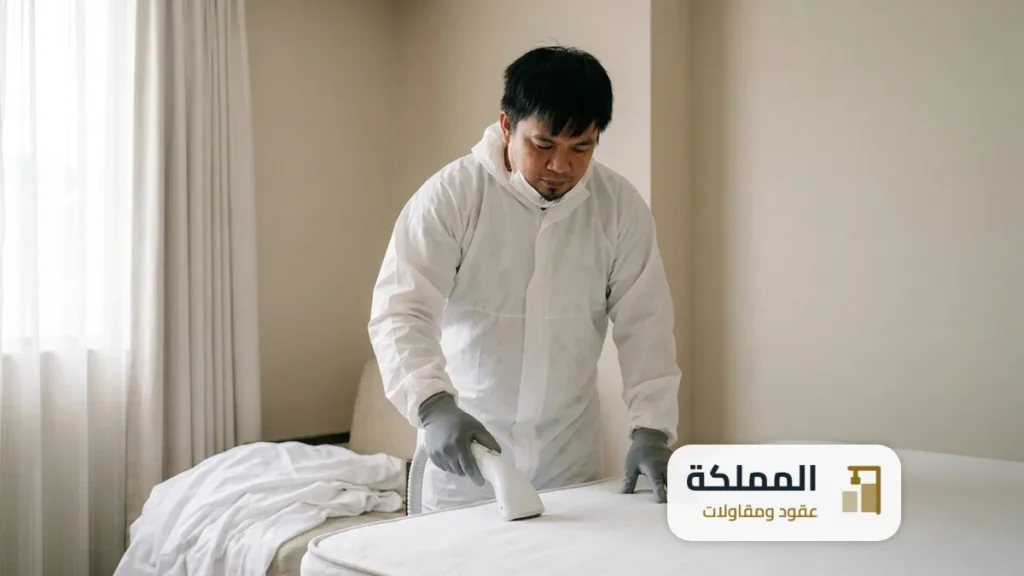 مكافحة بق الفراش للفنادق: فني يعالج درزات مرتبة بالبخار داخل غرفة فندق