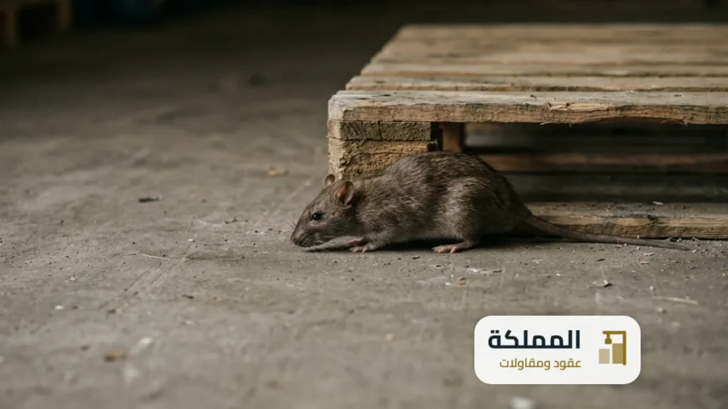 فار بني بجانب طبلية خشب على ارضية مستودع