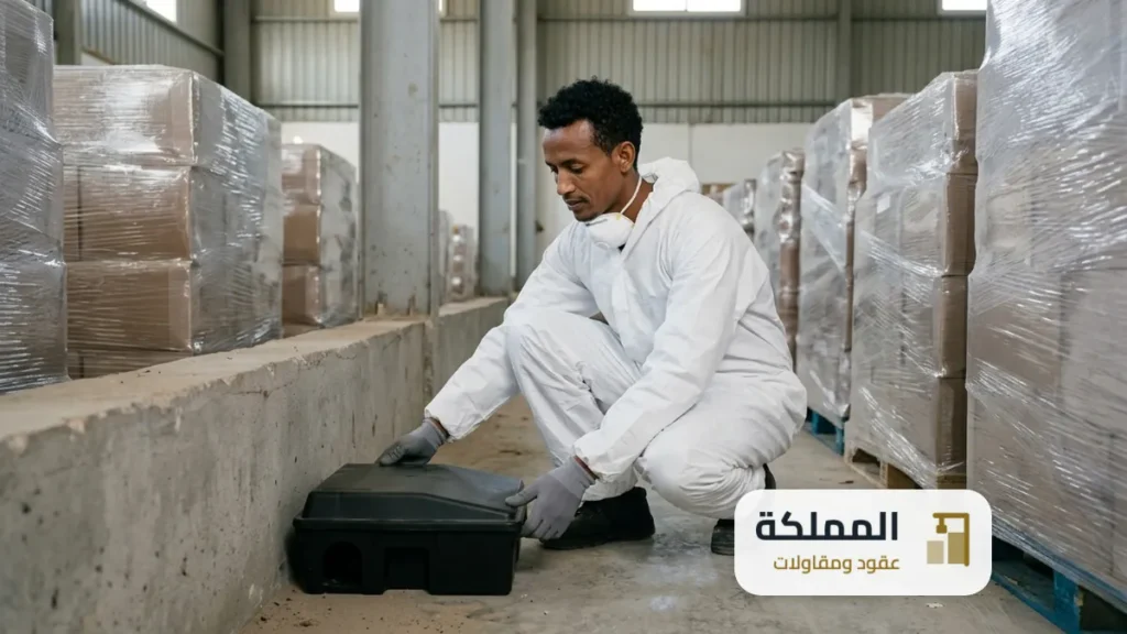 مكافحة الفئران في المستودعات: فني يضع محطة طعوم مغلقة بجانب الحائط في مستودع اغذية