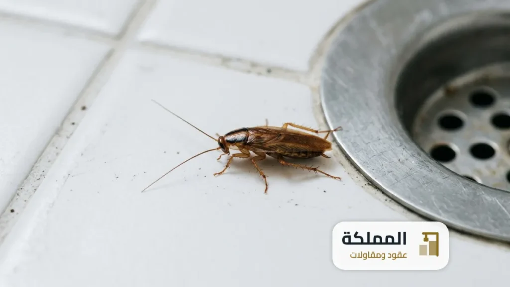 صرصور الماني بجانب غطاء تصريف على ارضية مطبخ