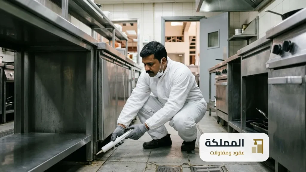 مكافحة الصراصير في المطاعم: فني يضع جل الطعوم تحت طاولات الستانلس في مطبخ مطعم بجدة