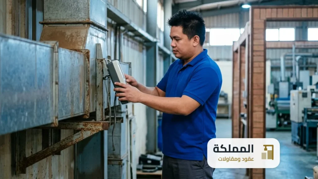 مستشار بيئي يتابع جهاز قياس جودة الهواء داخل صالة مصنع