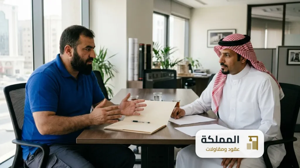 رسوم التقرير الفني: مهندس يشرح لعميل خطوات اصدار التقرير داخل مكتب هندسي بالرياض